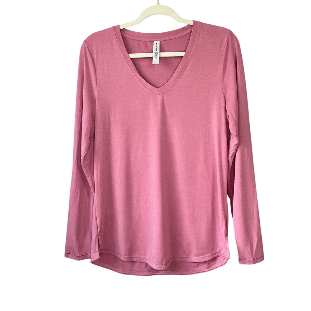 Athleta Essential V Neck Top Pink Long Sleeve Relaxed Fit Curved Hem Medium